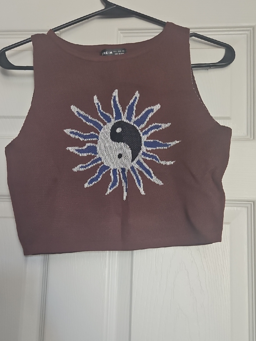 SHEIN Brown Crop Tank with Yin Yang Sun Embroidery